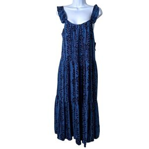 Time and Tru Women's Blue Floral Tiered Flutter Sleeve Maxi Dress Size M Country